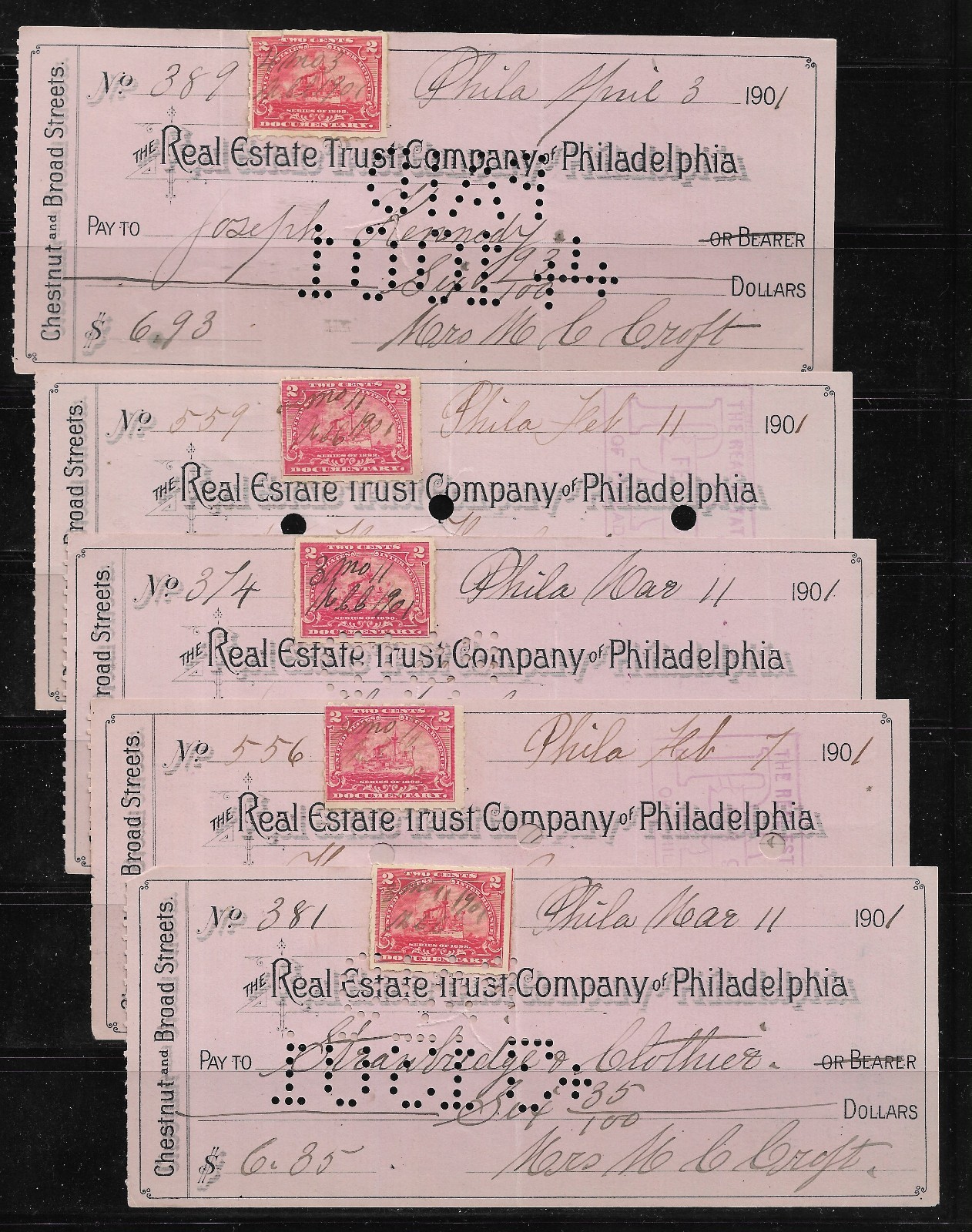 Vintage Paper for Crafting: 1901 Bank Checks; Used w/Revenue Stamp; 5 Pieces