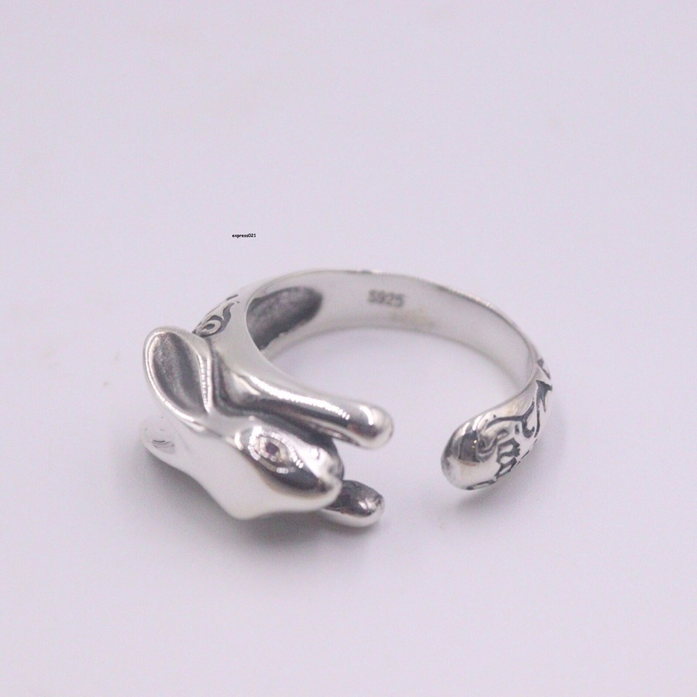 Real Solid 925 Sterling Silver Band Women Lucky Pattern Rabbit Open Ring