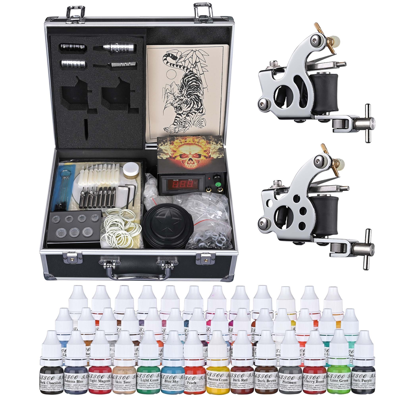 Complete Tattoo Kit 2 Machine Guns 40 Ink Power Supply Needles Grip for Beginner