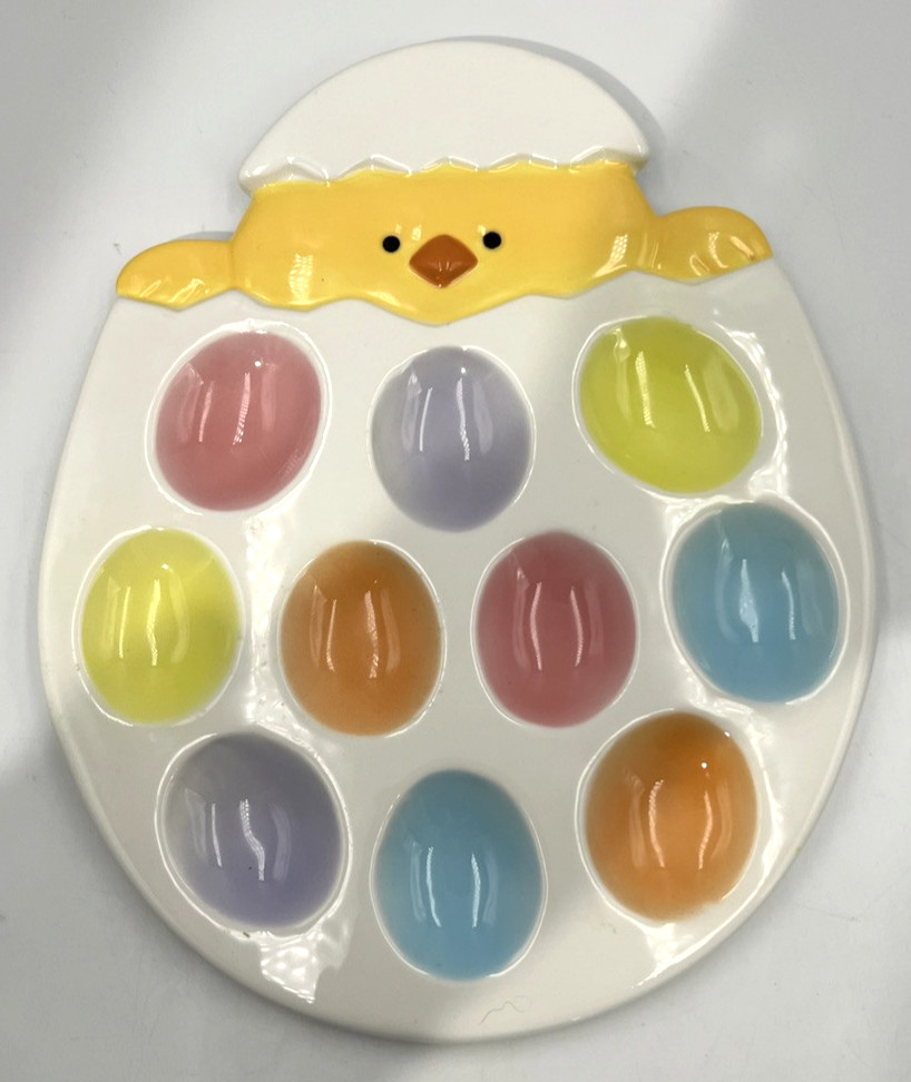 Vintage Ceramic Multicolor 10-Hole Easter Deviled Egg Platter 10" x 8"