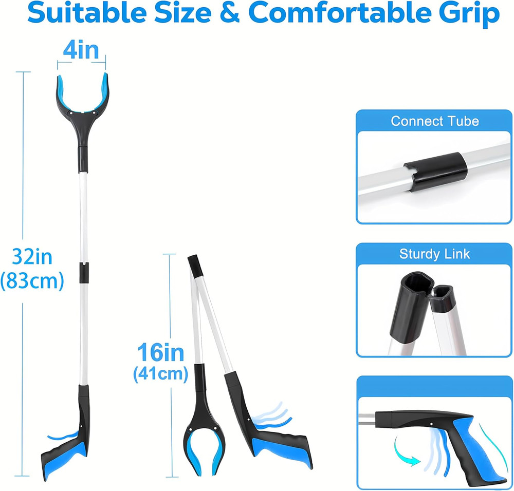 32" Grabber Reacher Tool (2-Pack), Foldable Trash Picker Upper with 360° Rotatin
