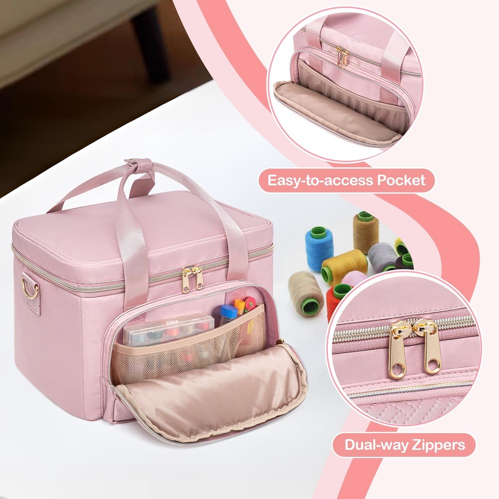 Pink Large Double-Layer Sewing Storage Organizer Bag Detachable Compartment