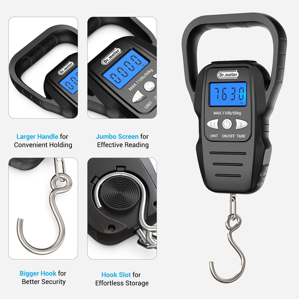 Dr.meter Fish Scale - Upgraded Backlit LCD Display Digital with Black