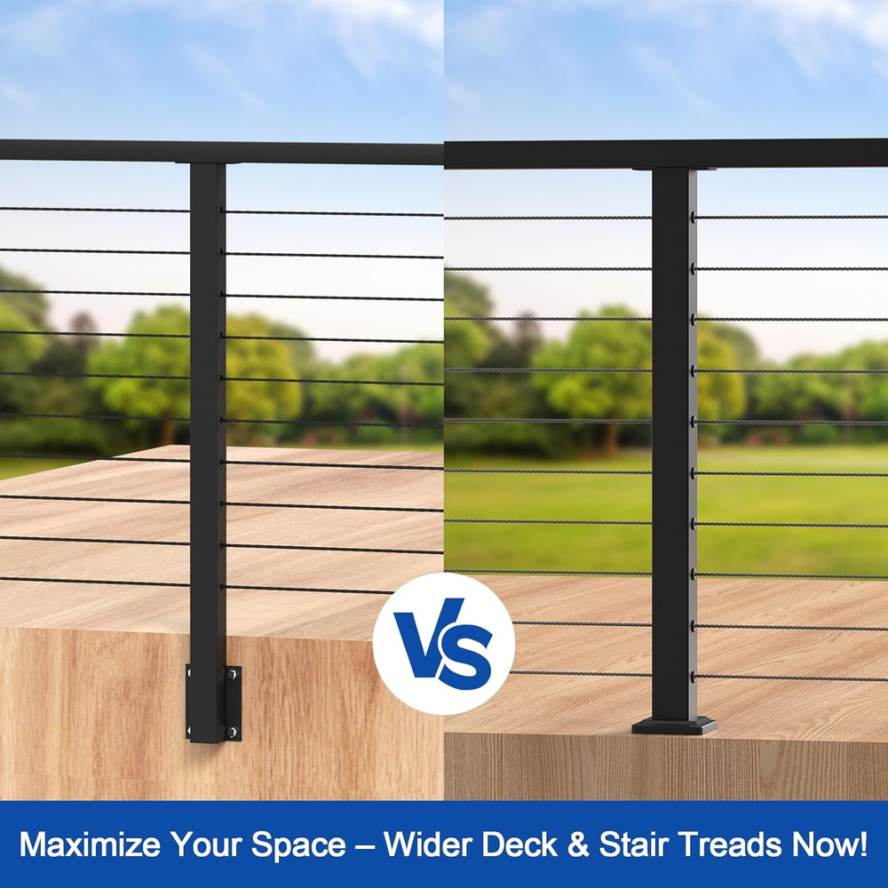 36" Black Coated Stainless Steel Side Mount Cable Railing Posts - 2 Pack