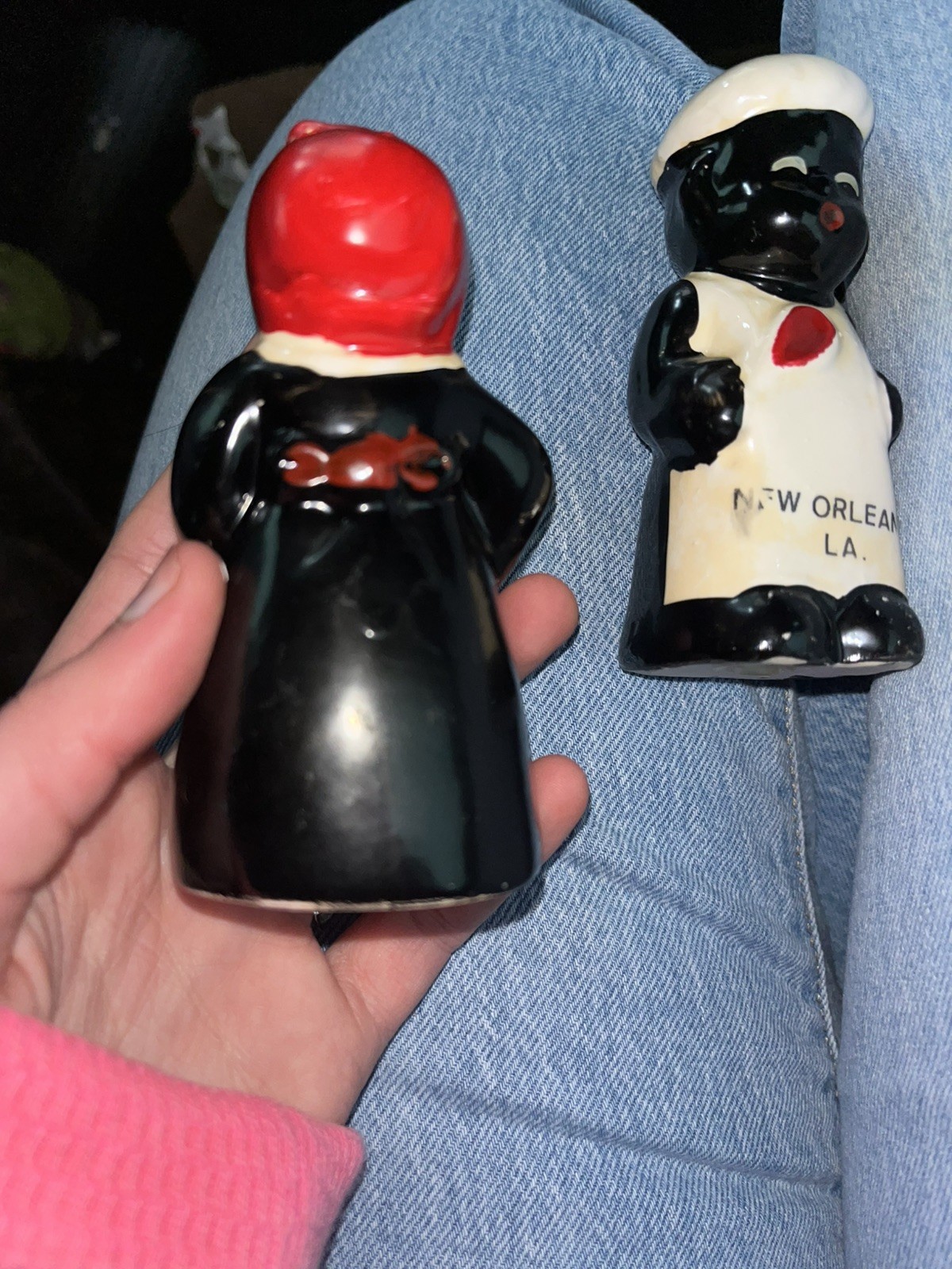 Vintage African Lady And Man Salt And Pepper Shaker Porcelain New Orleans LA