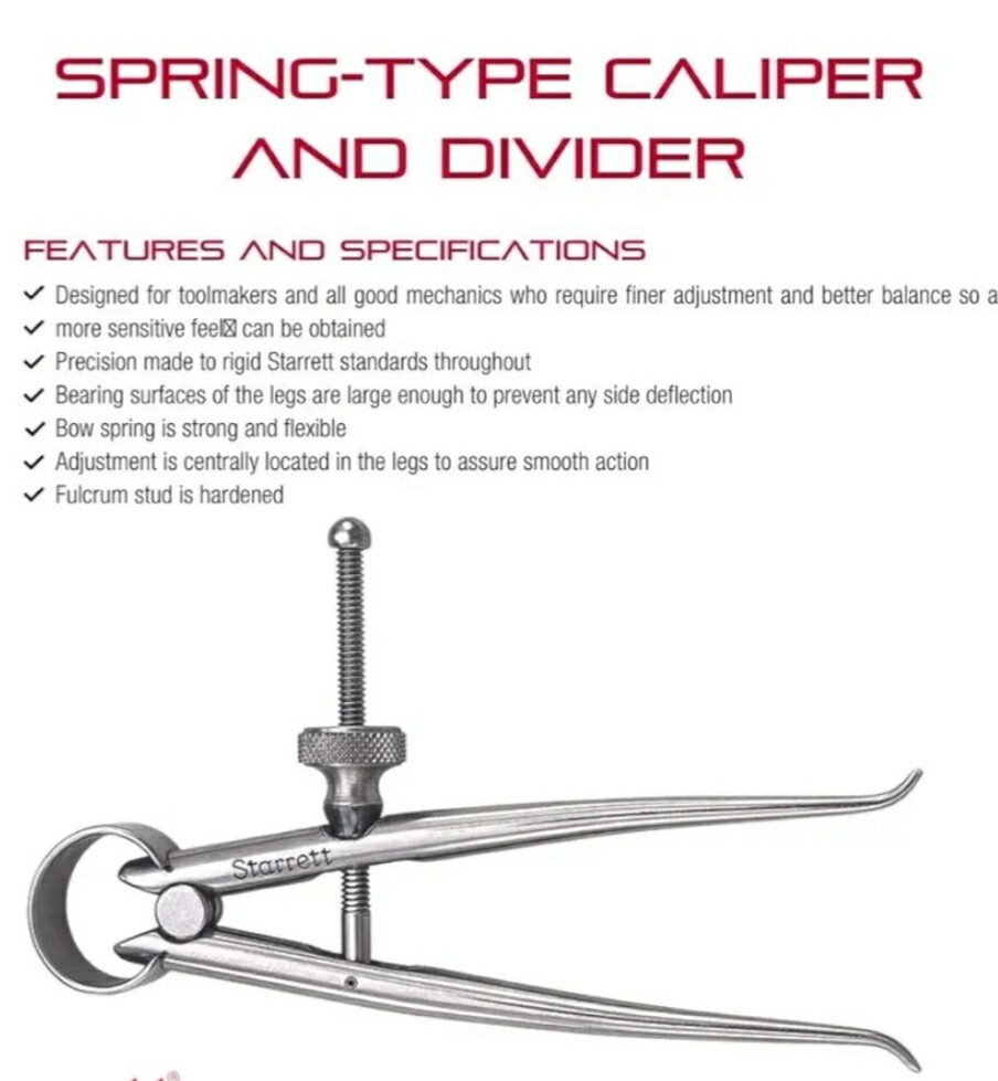 STARRETT 274-4 51302 Size 4" Toolmakers Spring-Type Caliper and Divider,Inside