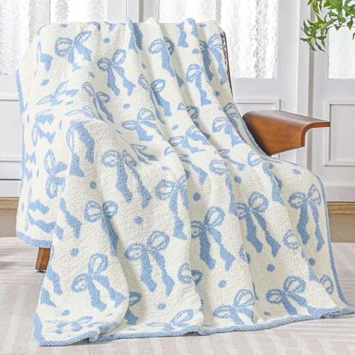 Bow Blanket Winter Soft Microfiber Bow Throw Blanket Double Sided Blue