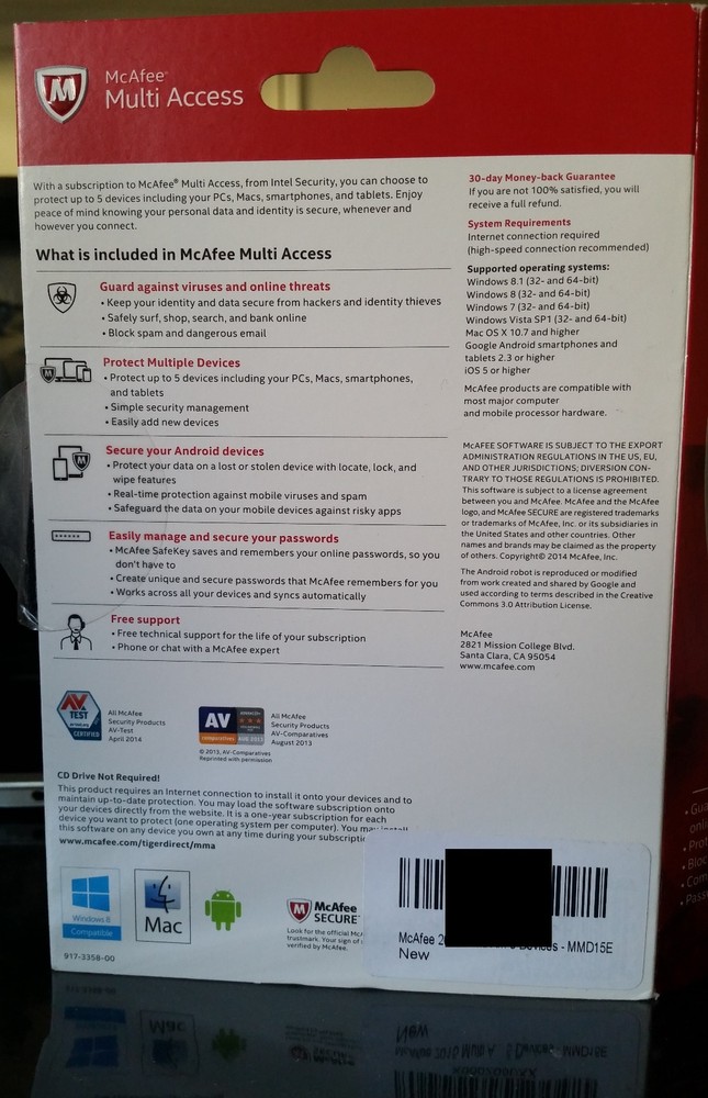 McAfee Antivirus Multi Access 2017 1 Year 1 User Protect 5 Devices