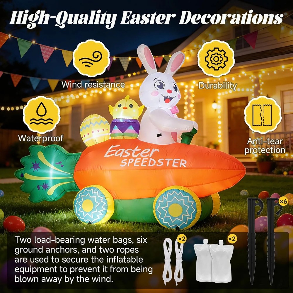 Easter Inflatable Bunny with Carrot Car and Easter Eggs, 6FT Easter Inflatables