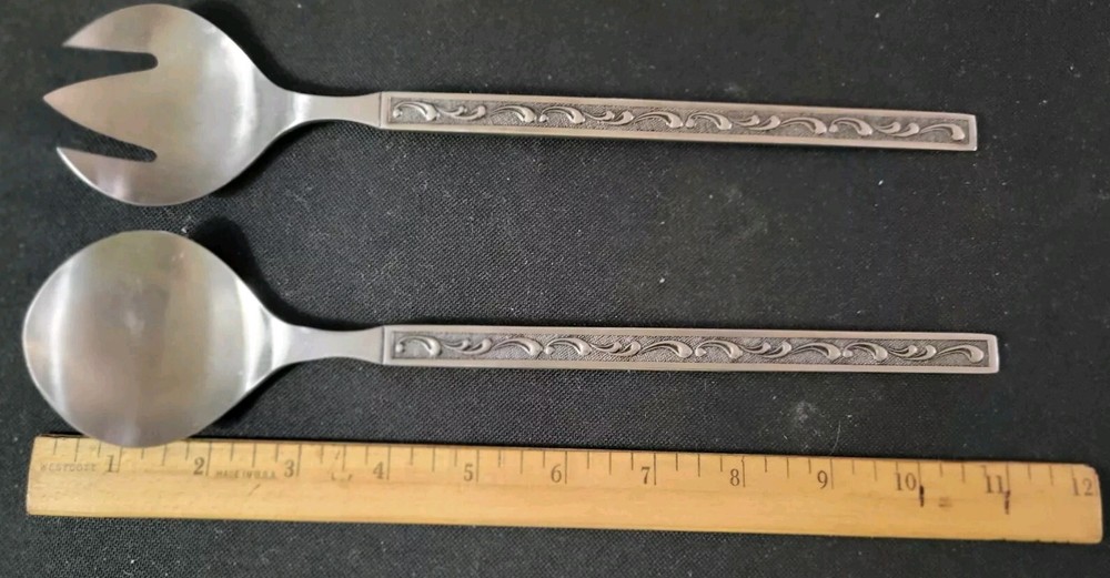 Vintage ONEIDA MCM Stainless Salad Spoon & Fork Serving Set Japan Scroll Pattern