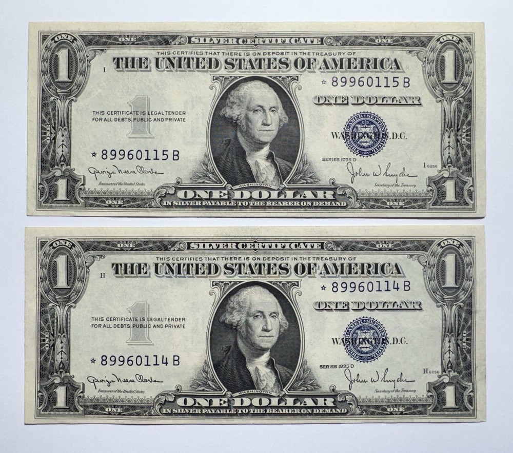 2 Consecutive- 1935 D $1 One Dollar Silver Certificate Star Notes AU