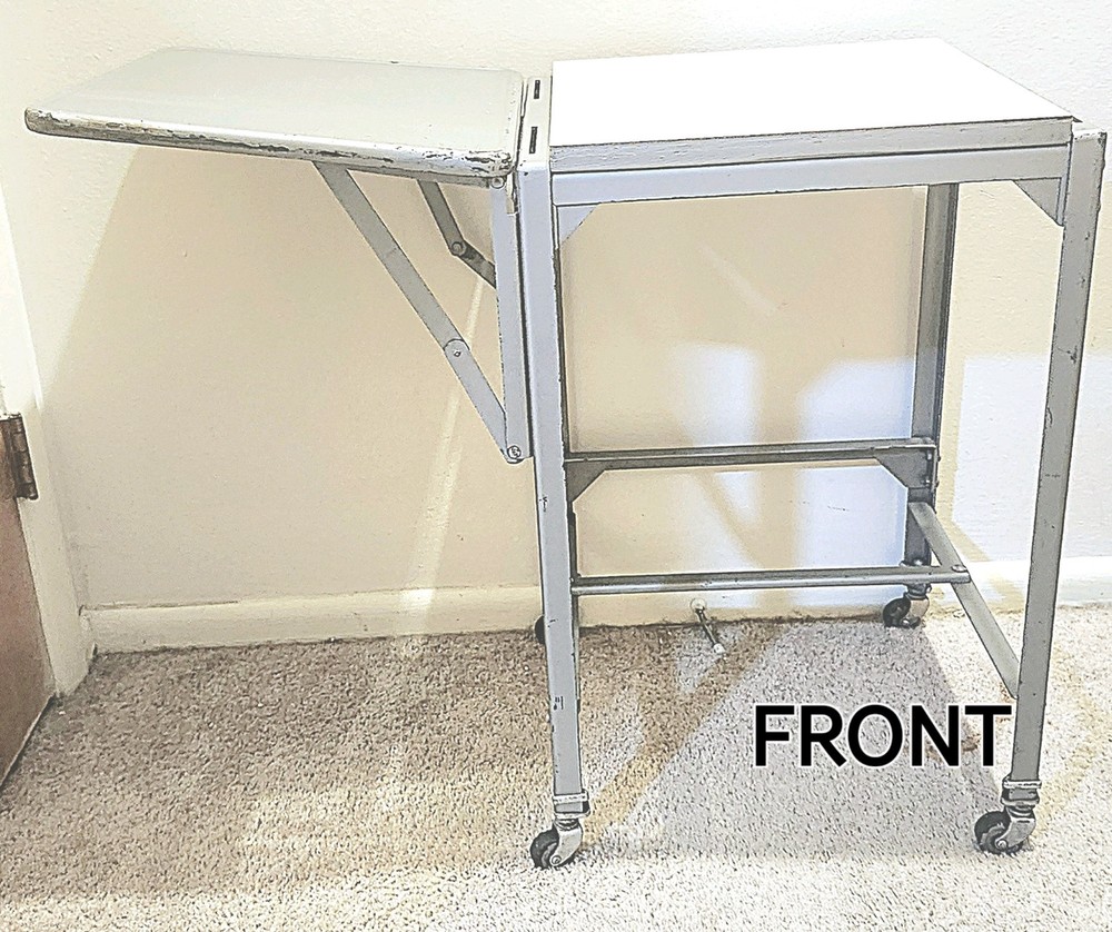 Mid Century Metal Rolling Typewriter Desk With Drop-leaf Fold Down Side