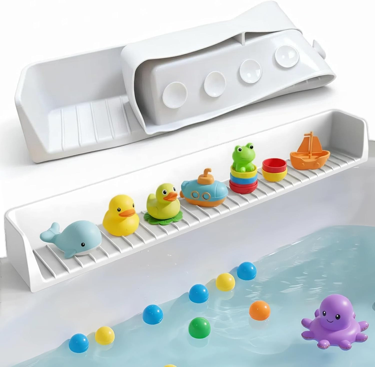 Bathtub Splash Guard with Suction Cups, Silicone Toy Tray for Kids (Grey)