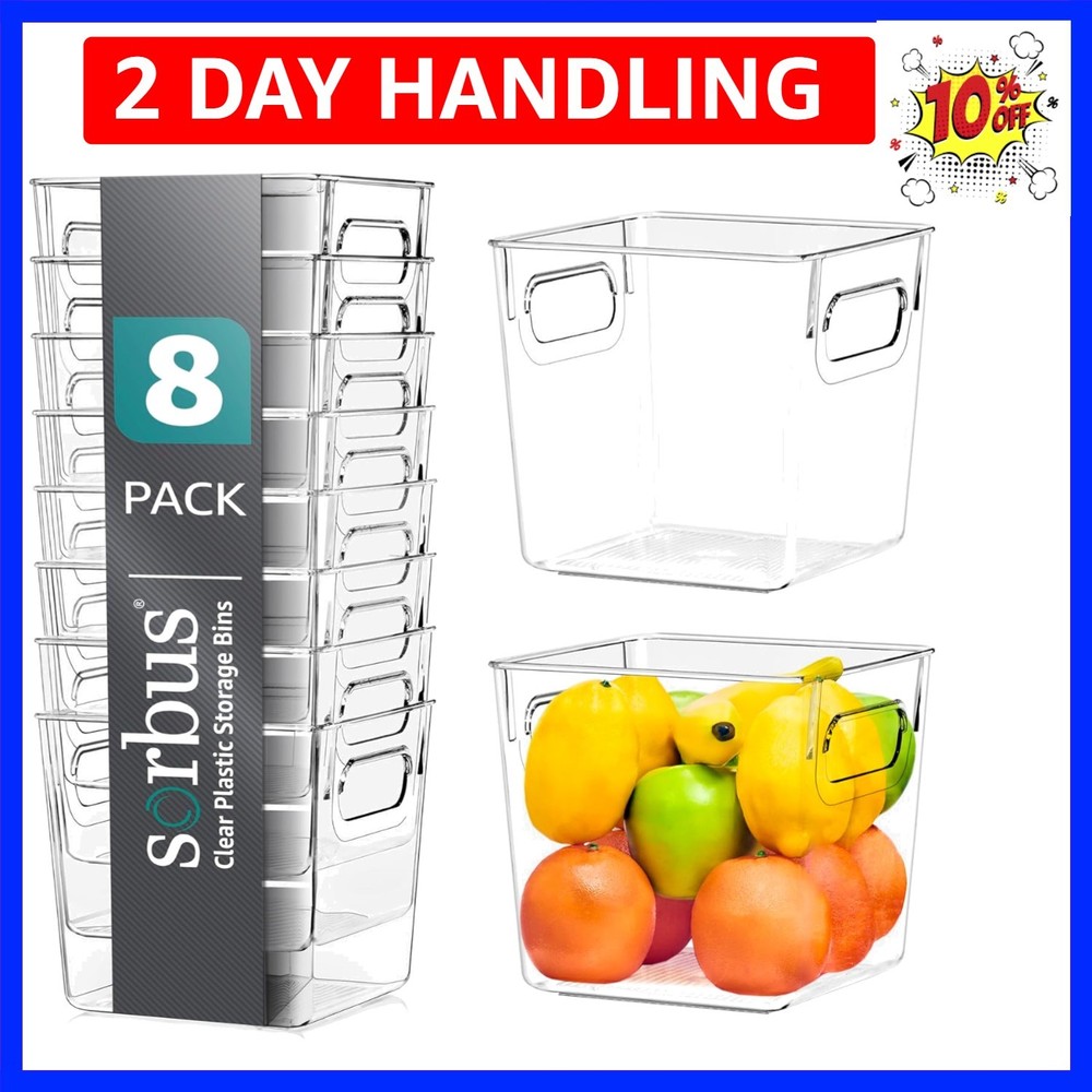 Small Clear Plastic Storage Bins for Shelves, Clothes, with Handle - Clear St...