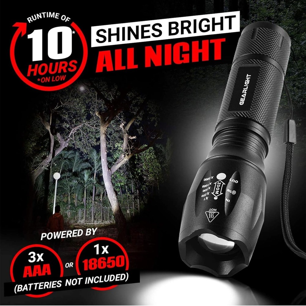 Gearlight S1000 LED Tactical Flashlight [2-PACK] - High Lumen, Zoomable, 5 Modes
