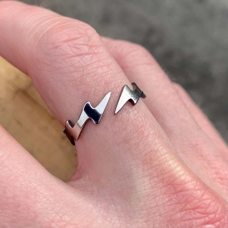 Solid 925 Sterling Silver Men’s Lightning Bolt Ring Adjustable Band Gift For Him