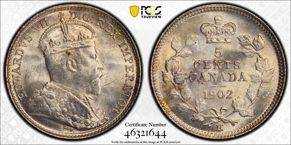 1902-H Canada 5 cents silver Large H PCGS MS65