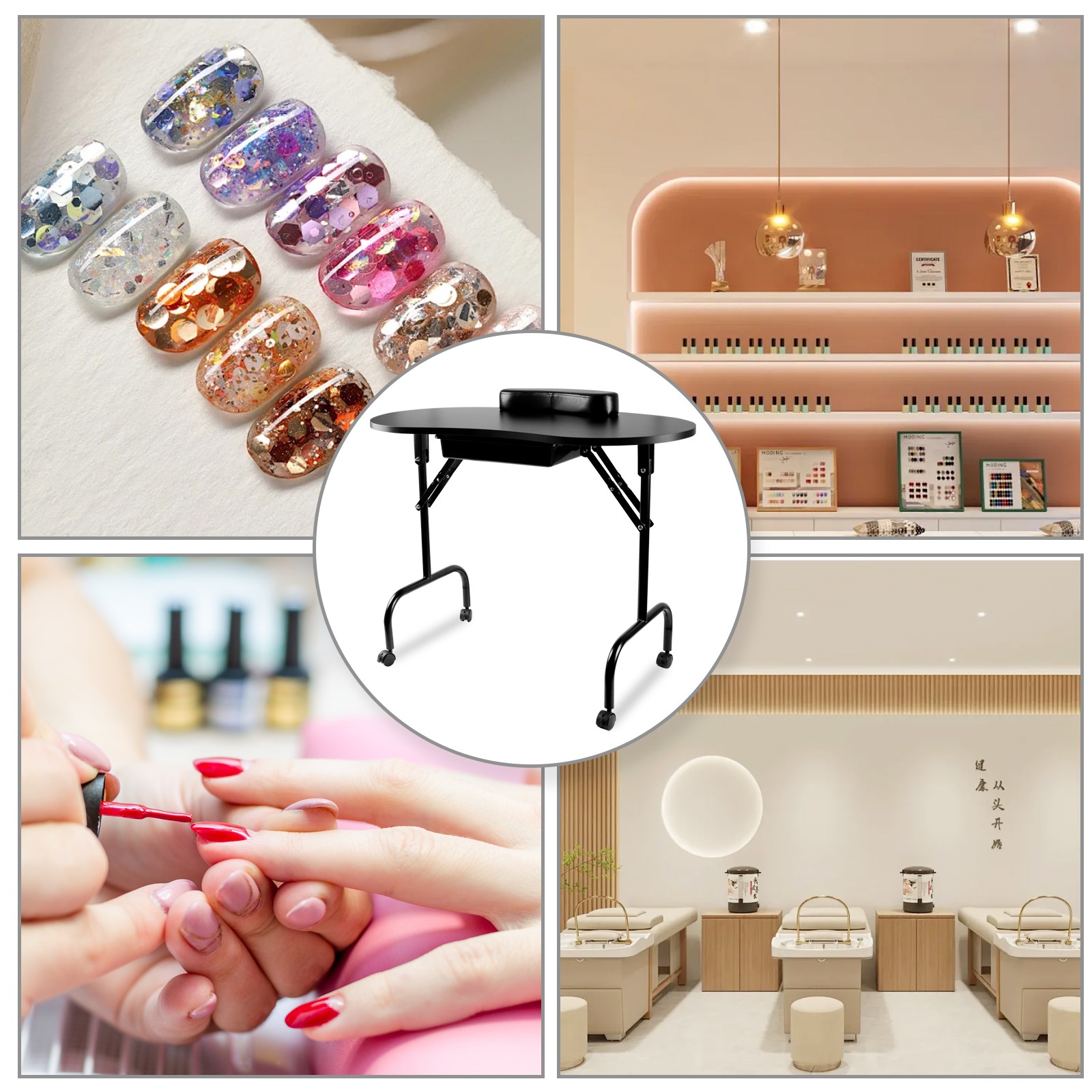 Black Portable Manicure Table Folding Nail Desk Beauty Salon Spa w/Wheels & Bag