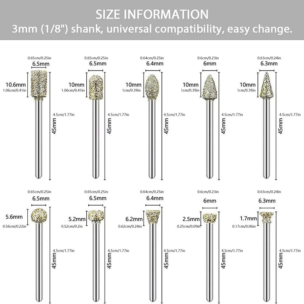 Durable 20pcs 3mm Rotary Diamond Burr Drill Bits Grinding Carving Tool
