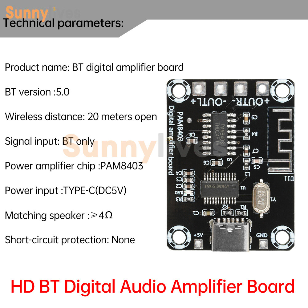 Type-C Mini PAM8403 Bluetooth Digital Power Amplifier Board 5W+5W For Class D