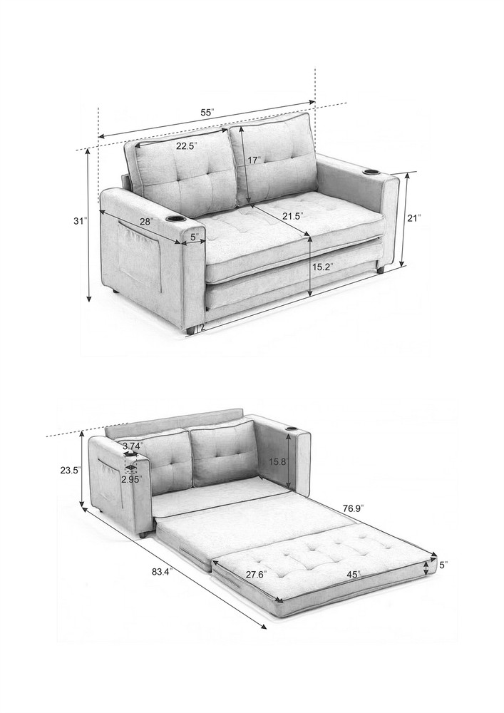 Convertible Sofa Bed Loveseat Futon Sofa Couch w/ Pull-Out Bed Light Gray