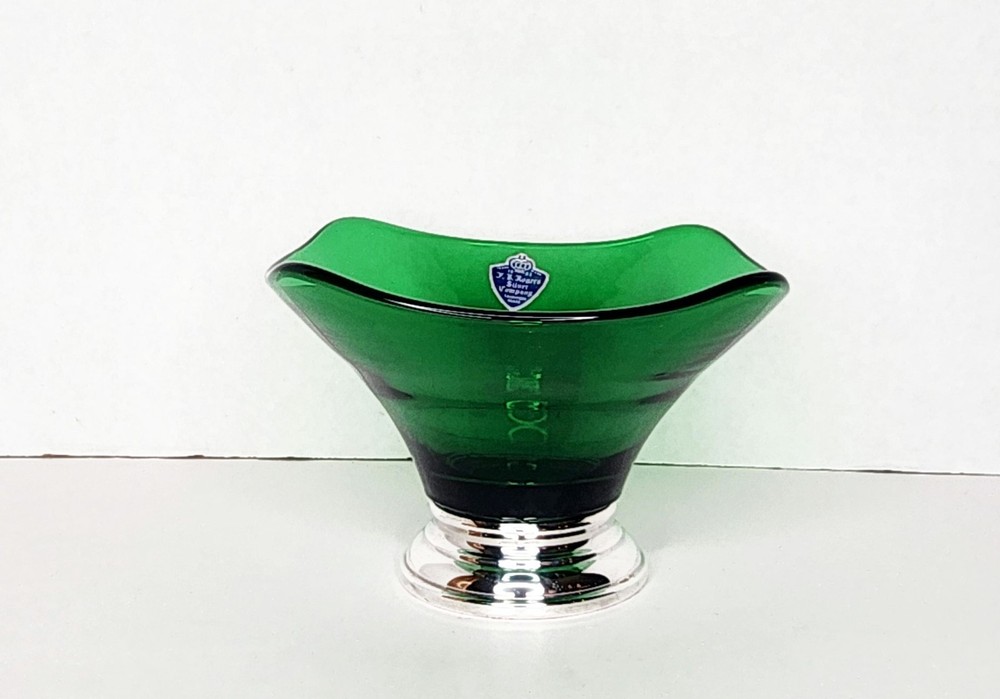 F. B. Rogers Silver Base Emerald Green Glass Compote Bowl 6"