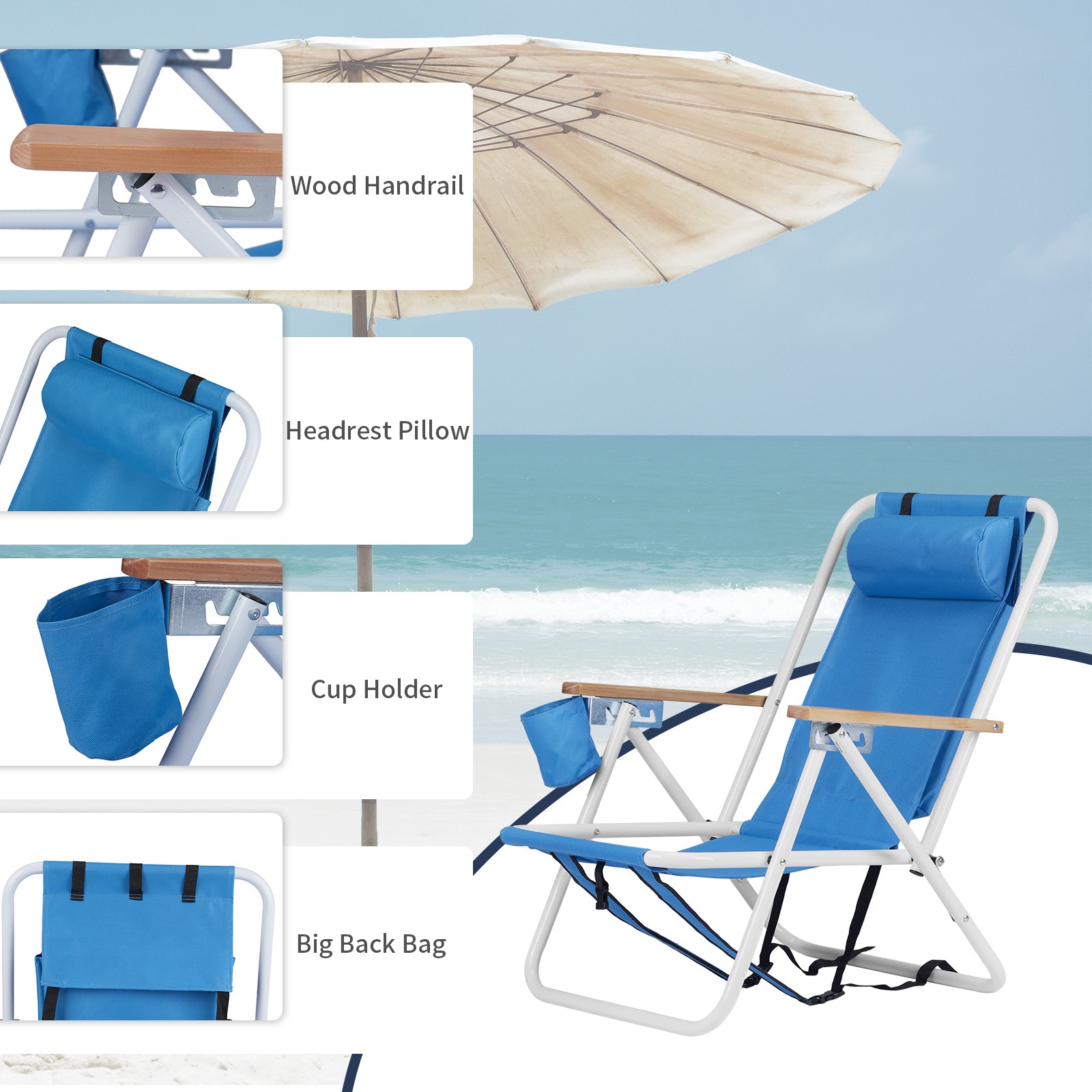 New Backpack Beach Chair Folding Solid Construction Camping With Cup Holder US