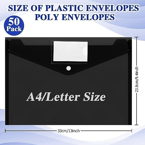 50 Pcs Plastic Envelopes Poly Envelopes File Folders with Snap Button Black