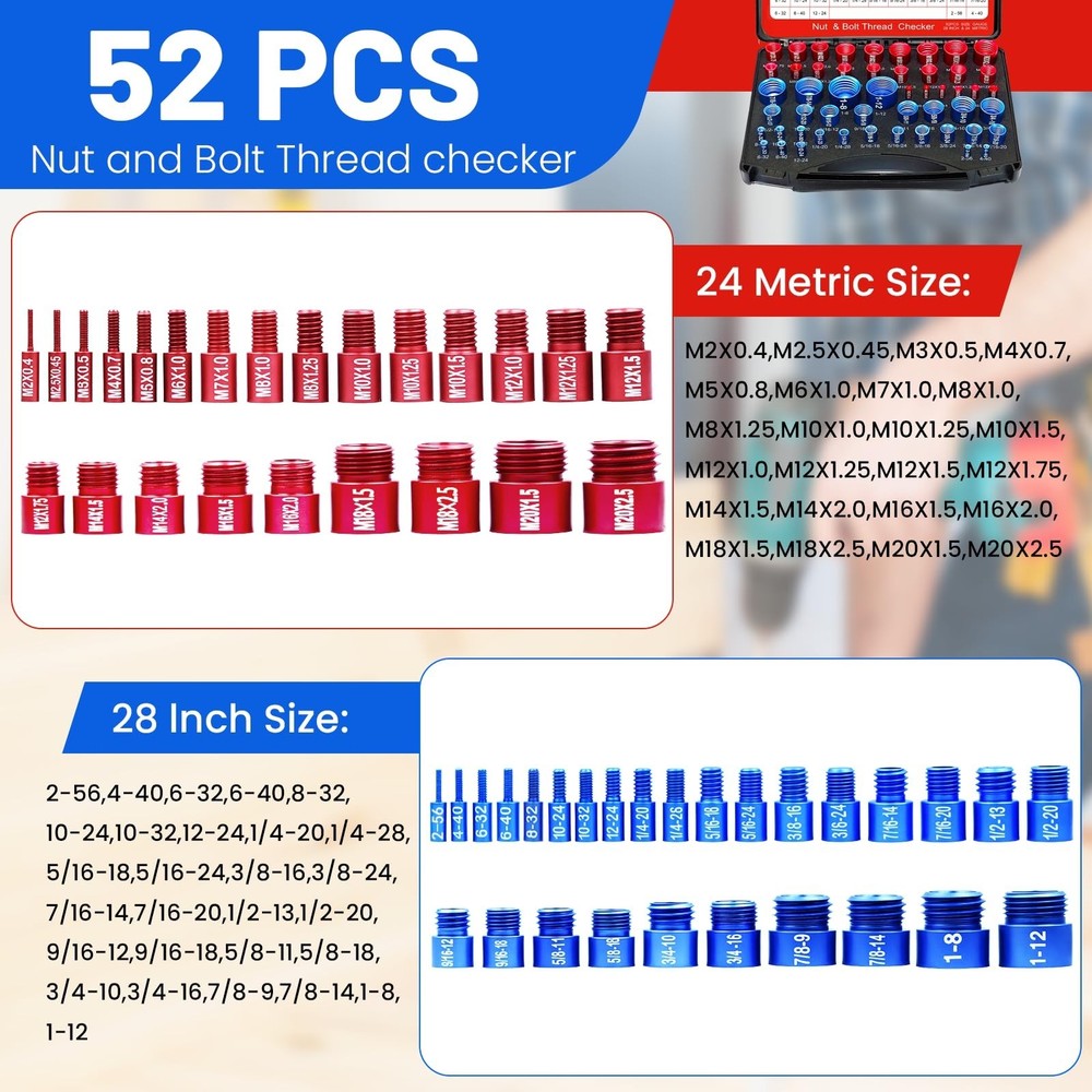 52PCS Thread Checker Kit – SAE & Metric Bolt Thread Checker, Nut & Bolt Si