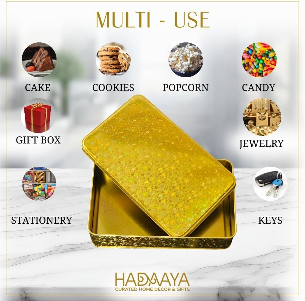 Gold Glitter Single Piece Empty Rectangular Tin Container W/ Lid Multipurpose