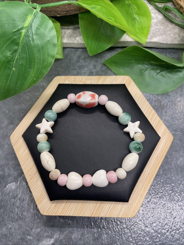 Handmade Ceramic Bead Beaded Stackable 6.5” Plus Stretch Bracelet New B342