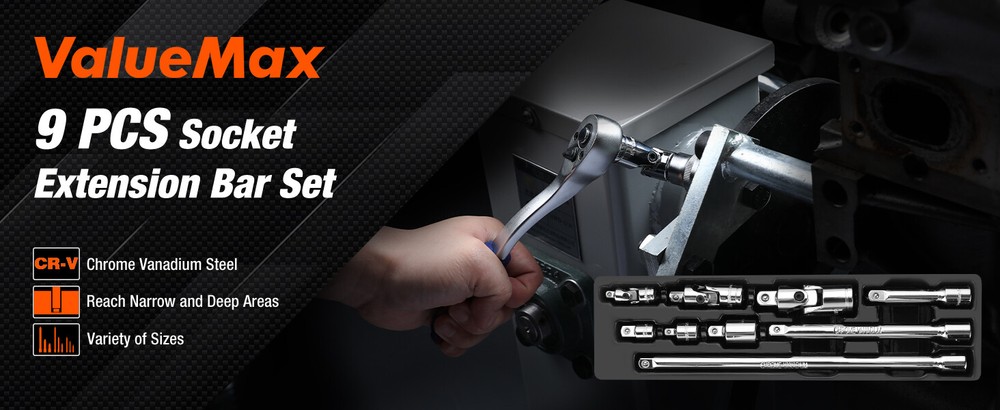 VALUEMAX 9 PCS Socket Accessory Set 3/8" Drive Extension Bar Set Chrome Plated