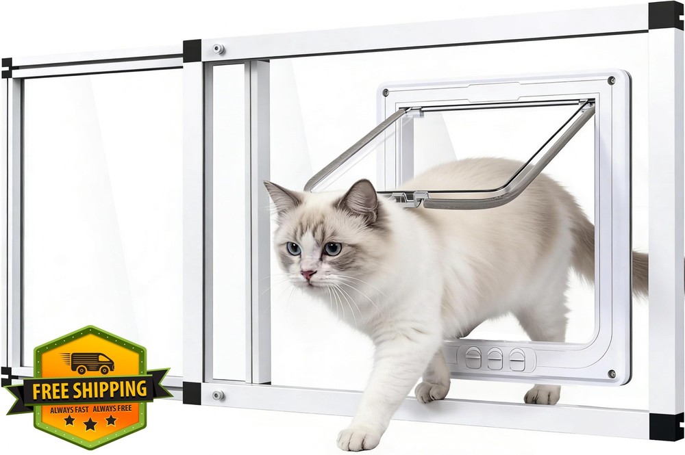 Full Glass Cat Door Window Insert, 28.5"-32", 4 Locking Modes