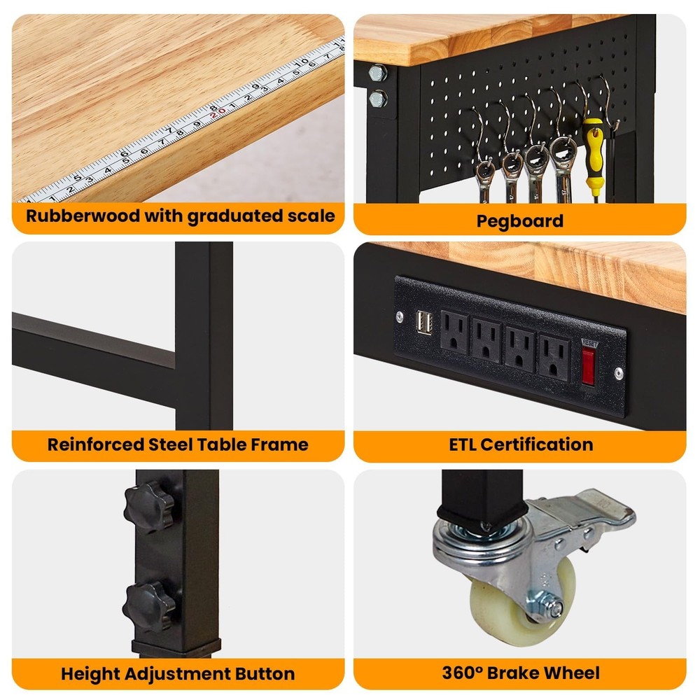 48" Adjustable Workbench 2000Lbs Work Bench Garage w/ Pegboard & Power Outlets