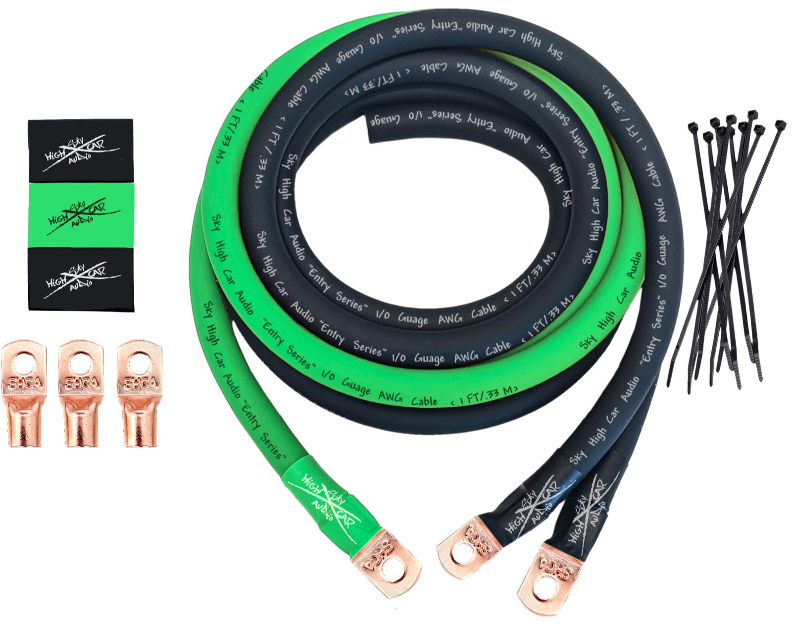 Sky High Car Audio E-Series 1/0 Big 3 Upgrade GREEN/BLACK Electrical Wiring Kit