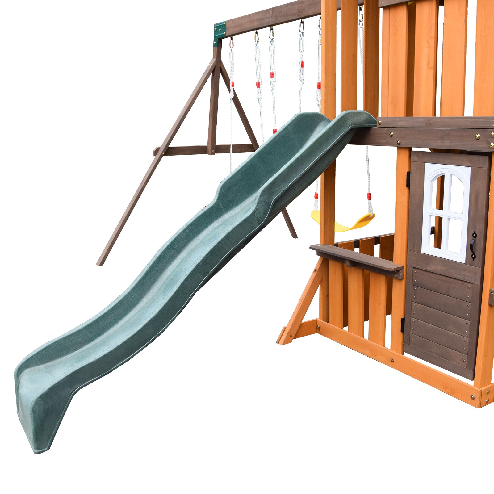 Large Wooden Kids Swing Slide Set Playhouse Kitchen,Rock Wall Outdoor Playground