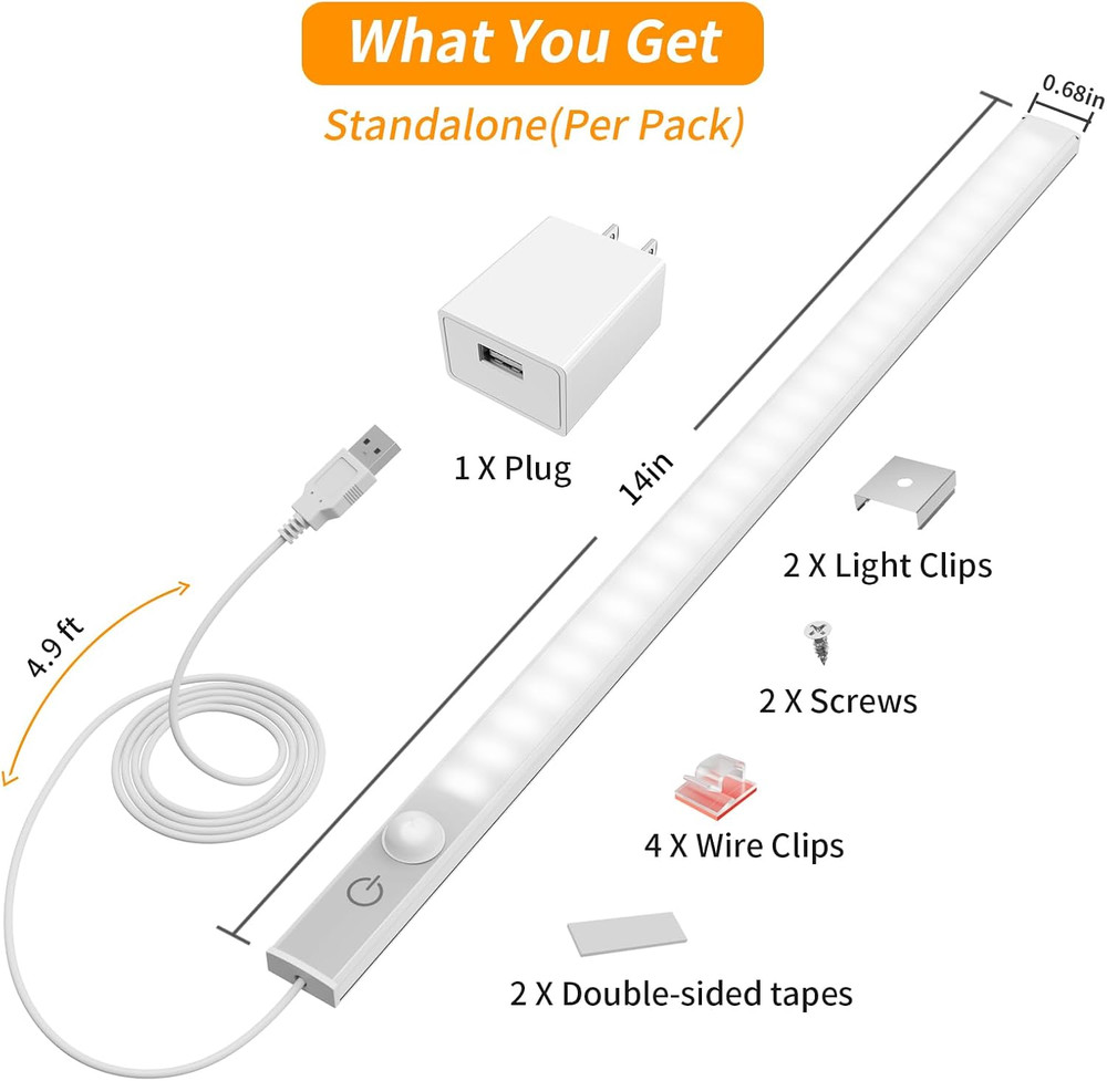 14" Slim USB Plug-In LED Motion Sensor Light Indoor, Bright & Dimmable under Cab