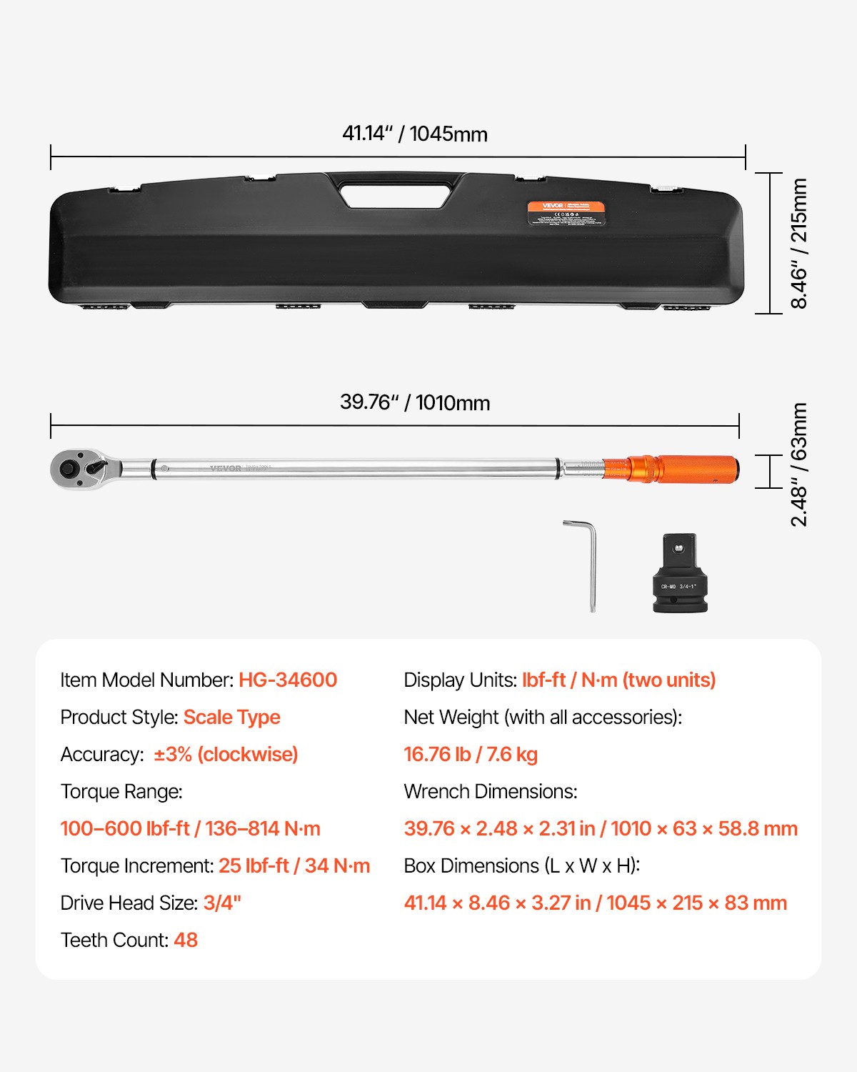 VEVOR Click Torque Wrench 3/4 In Drive 100-600 lbf-ft/136-814N.m Dual-direction