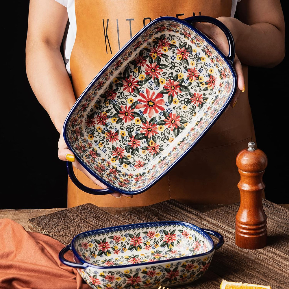 Baking Dish Ceramic Baking Pan Blue Casserole Dish Rectangular Baking Set 2Pcs B