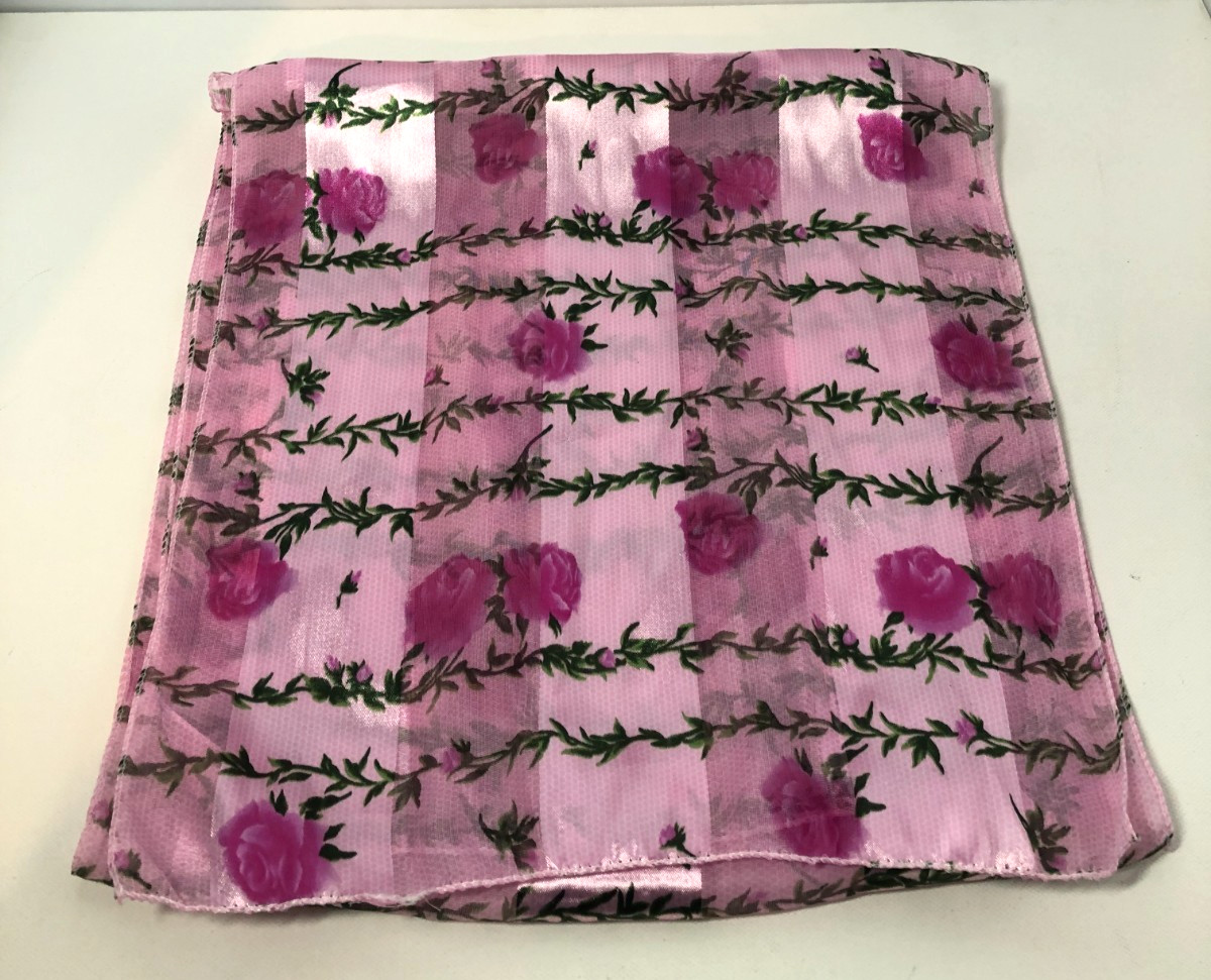 Vintage Pink and Green Scarf, Flower Design, Nylon/Polyester Blend, 57.5" x 12"