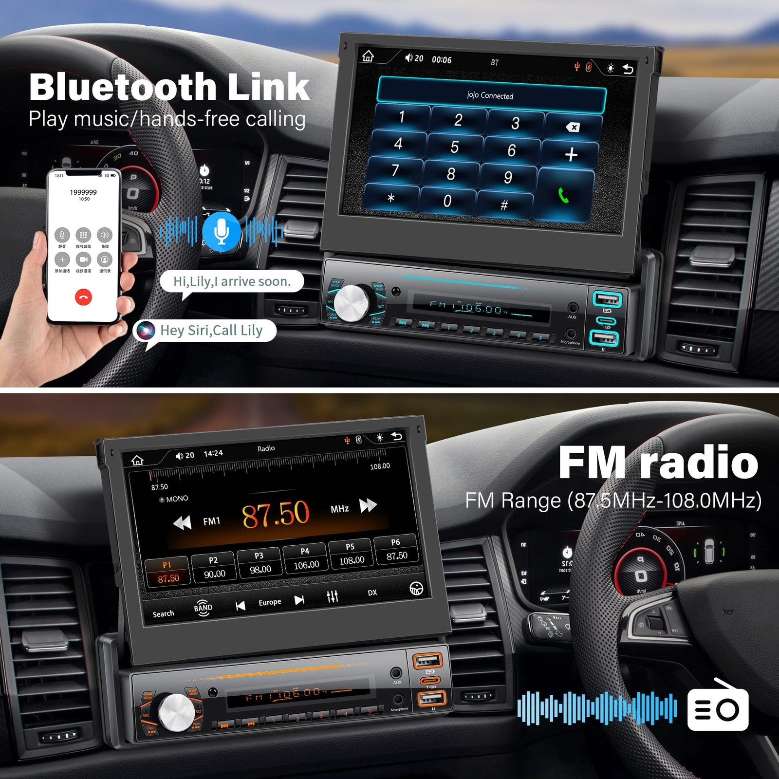 Single Din Car Stereo with Carplay ＆ Android Auto,7 Inch Flip-Out Touchscreen