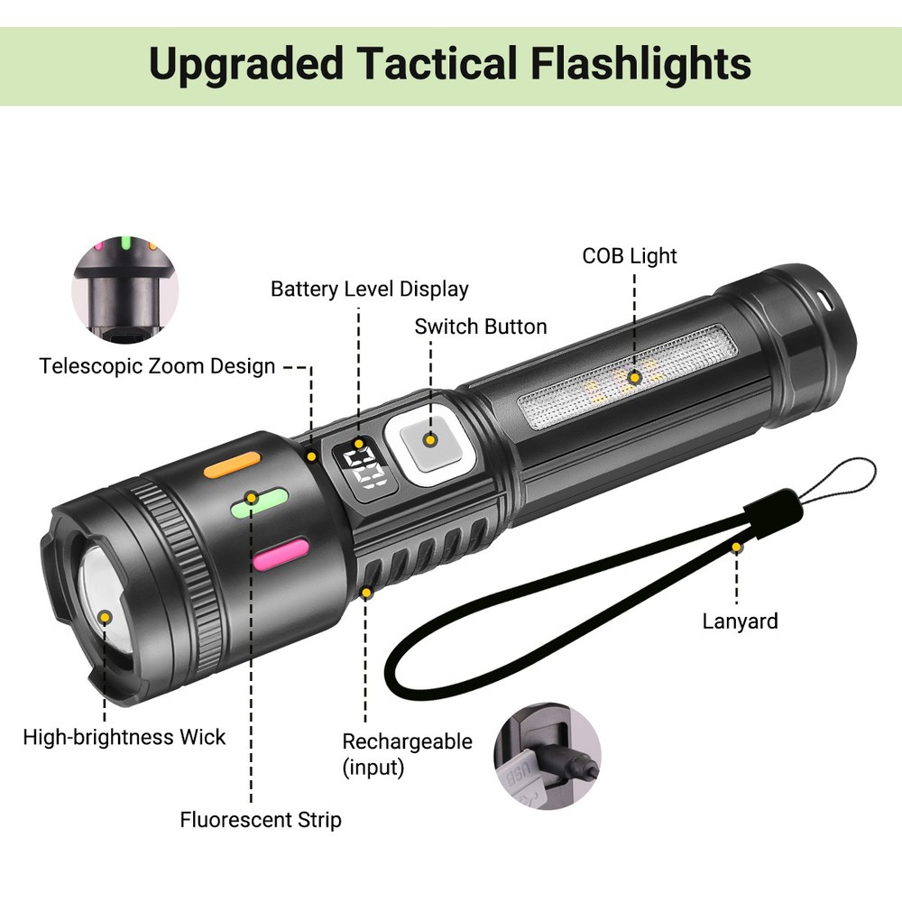 2x Super Bright LED Flashlight Rechargeable Tactical Flashlights LED Work Lights