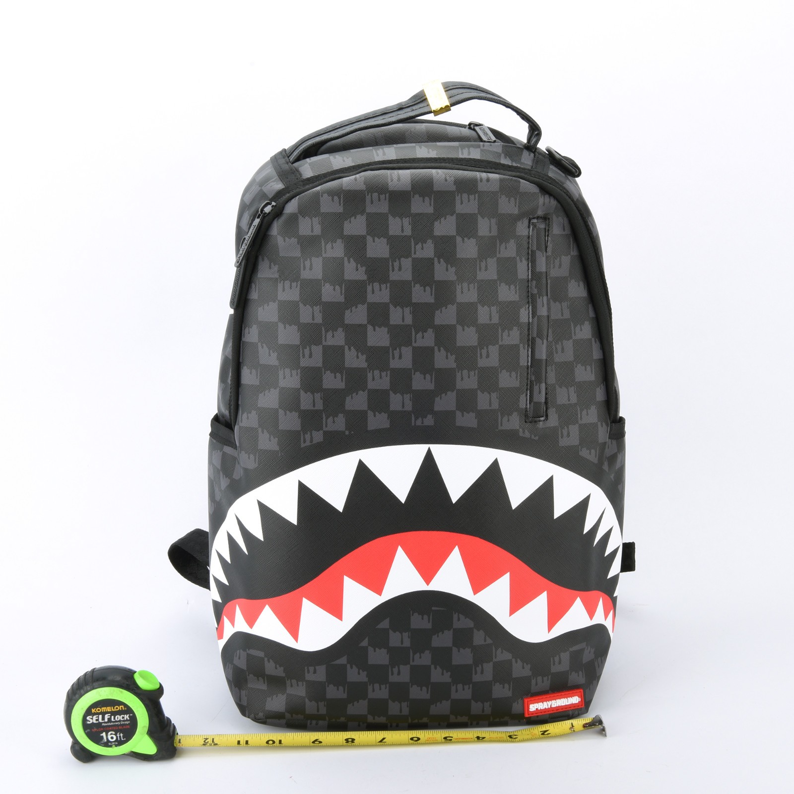 Sprayground Shark Drip Checkerboard Leather Bag Backpack Unisex Black Gray Plaid