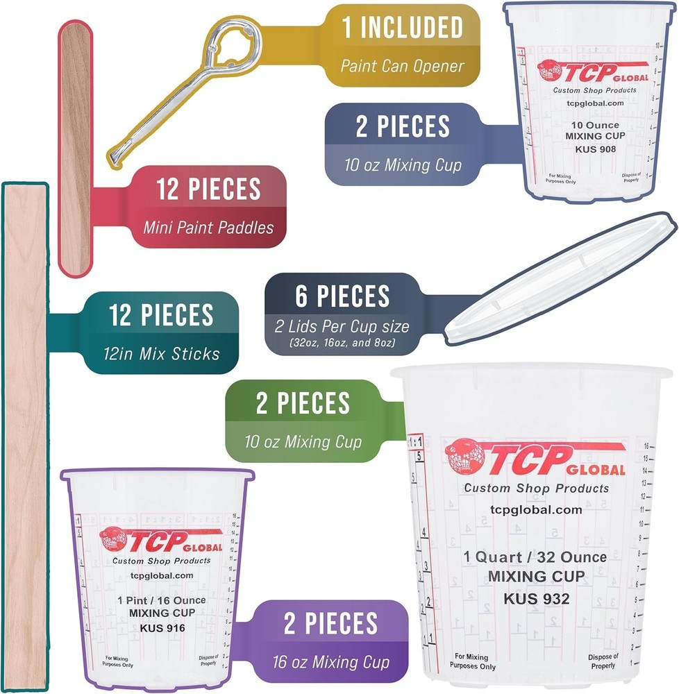 Paint Mixing Kit - 12 Cups, Lids, Sticks, Strainers
