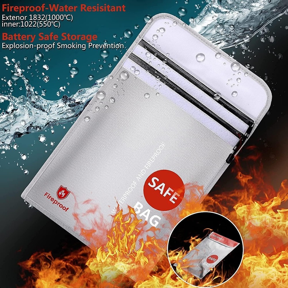 Fireproof Waterproof Bags, Two Pockets Fireproof Document Bag (2000℉) with Zippe
