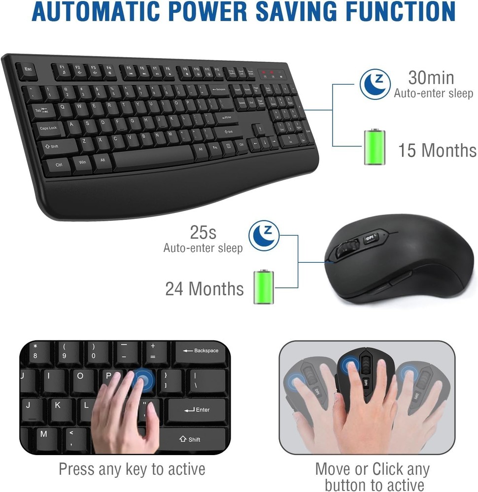 Wireless Keyboard and Mouse Combo, EDJO 2.4G Full-Sized Ergonomic WITH USB