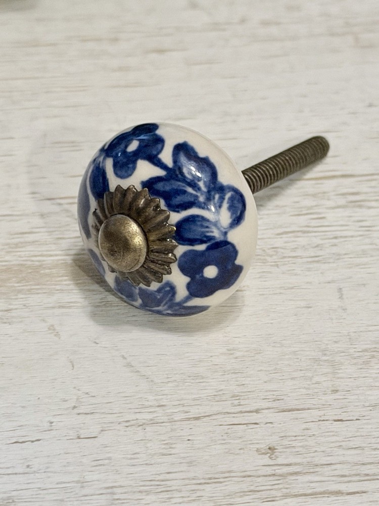 2 White Blue Antique Ceramic Porcelain Brass Drawer Cabinet Knobs Pulls 1.25"
