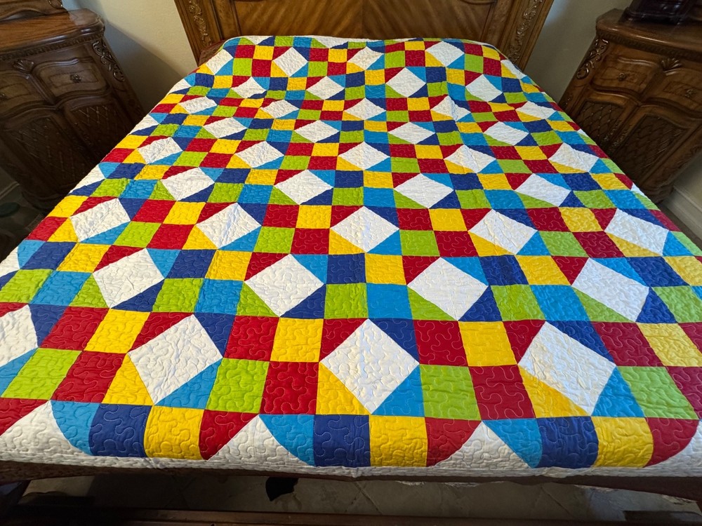 Queen Size Machine Pieced And quilted Single wedding Ring Patchwork Quilt#