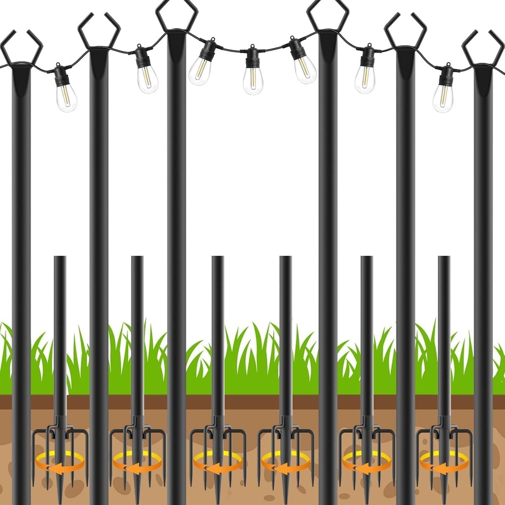 6 Pack String Light Poles, Outdoor Pole 10ft 6 Pack, Black