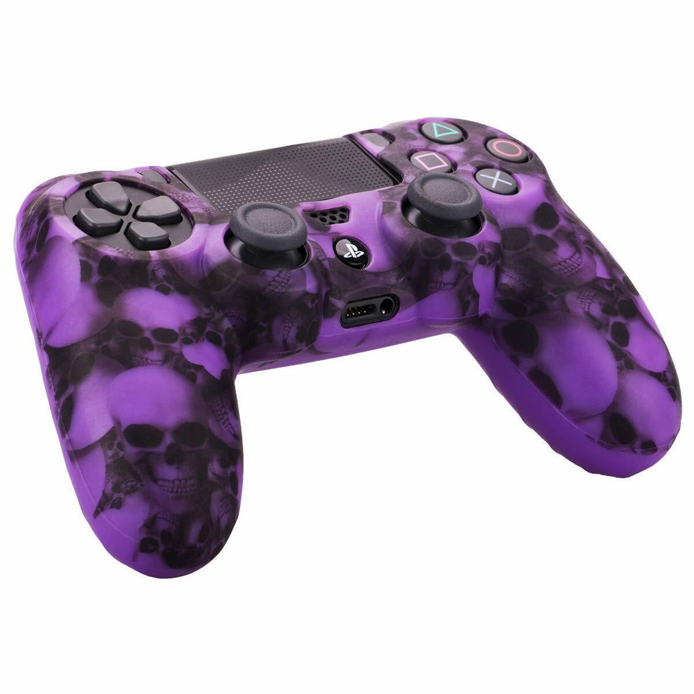 Silicone Grip Purple Skulls + (8) Multi Thumb Caps For PS4 Controller